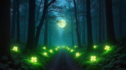 Glowing clovers in a mystical moonlit forest
