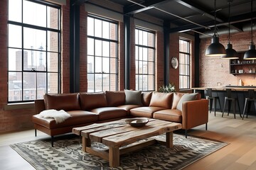 Modern industrial loft apartment living room with city view.