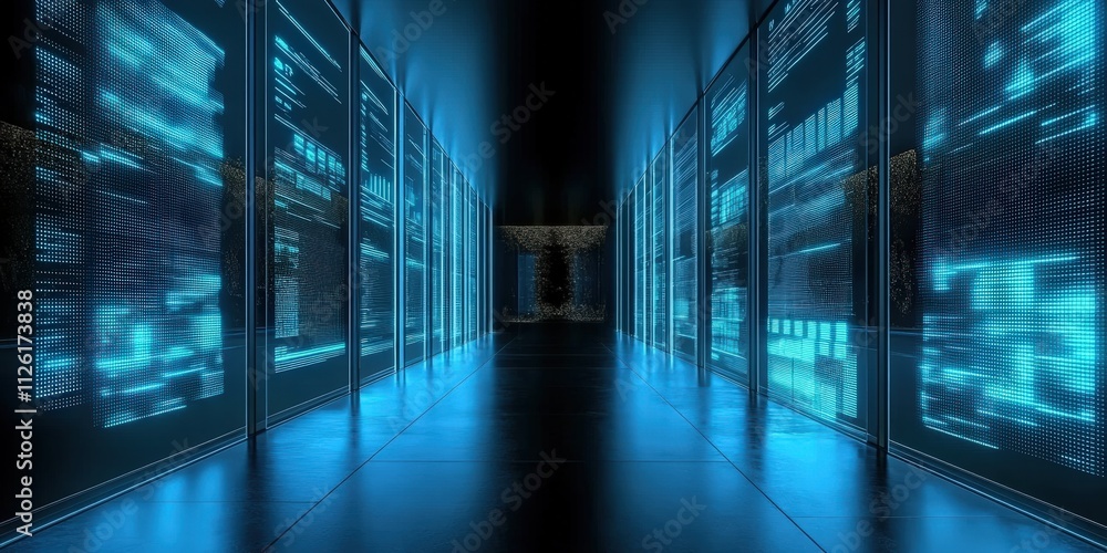 Poster 3d glowing led blue color of business information data on high tech glass panel. concept for financi