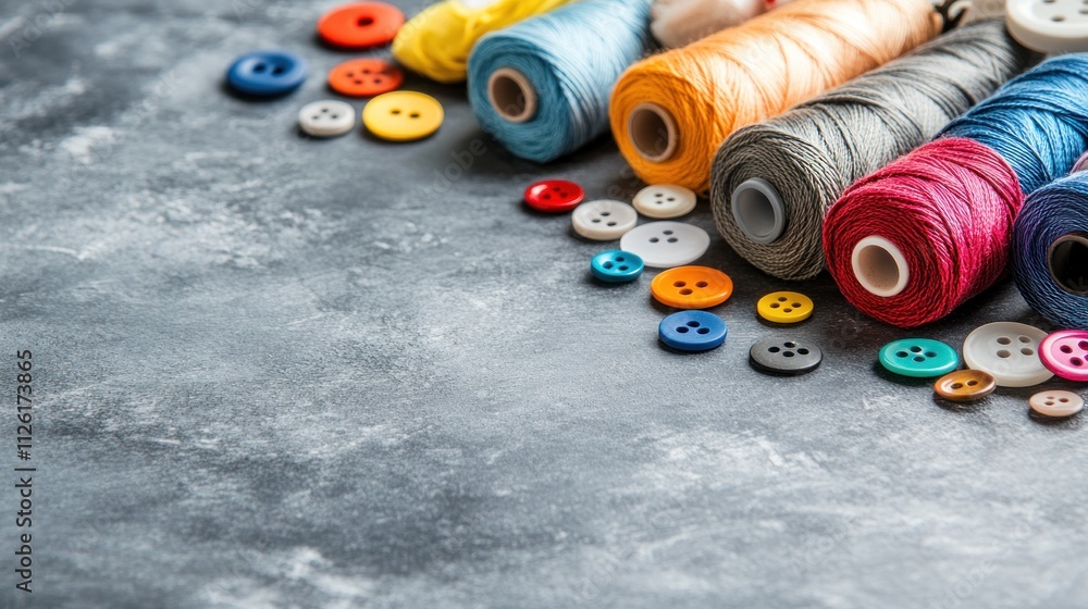 Poster colorful spools of thread and buttons arranged on a textured surface for crafting purposes.
