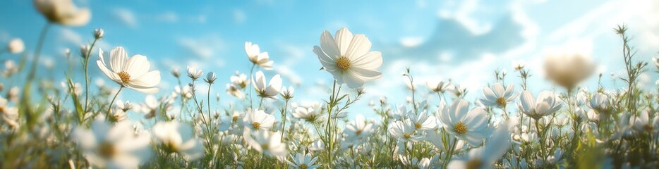 A vibrant field of daisies under a clear blue sky, evoking a sense of tranquility.