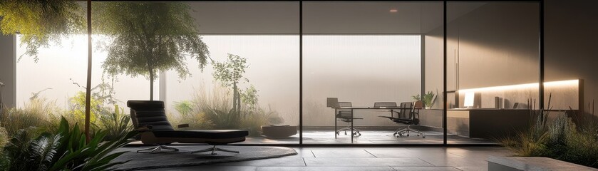 Fototapeta premium Serene Modern Interior with Lush Outdoor Landscape