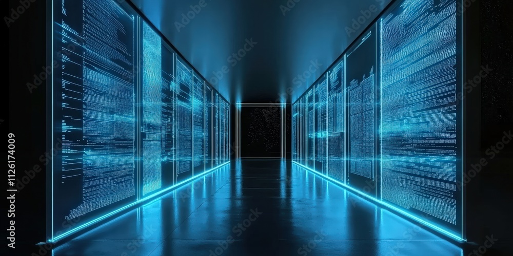 Poster 3d glowing led blue color of business information data on high tech glass panel. concept for financi