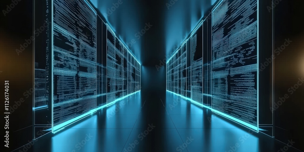 Poster 3d glowing led blue color of business information data on high tech glass panel. concept for financi
