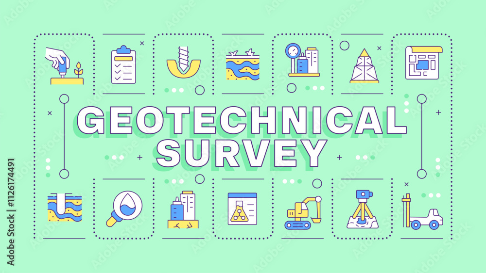 Poster geotechnical survey light green word concept. researching ground structure for construction. typogra