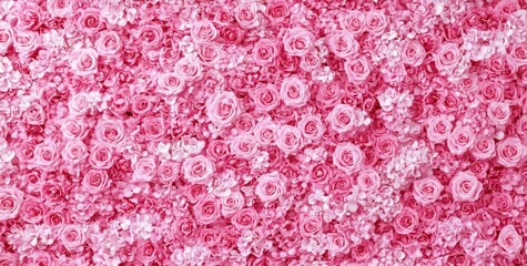 A vibrant display of pink roses creating a lush floral wall.