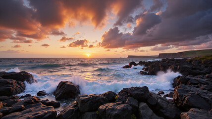 Obraz premium Sunset over rocky coastline with crashing waves