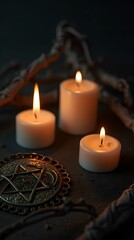 Candles, Jewish badge, and barbed wire on a dark background for International Holocaust Remembrance Day