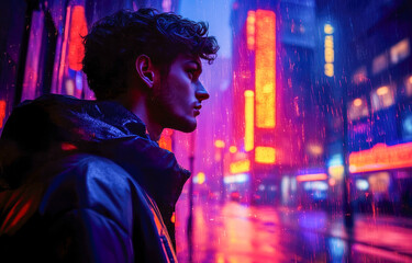 A person in a drizzle-wet city street with neon lights reflecting, creating a cyberpunk and introspective atmosphere.