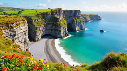 Fototapeta premium Cliffs of Moher with vibrant flowers in foreground