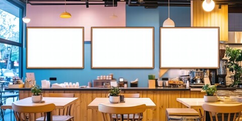 a restaurant with big screen banners,Mock up screen display Restaurant Cafe Menu Food Business, for restaurant marketing, food service industry, digital menu advertising, and customer engagement
