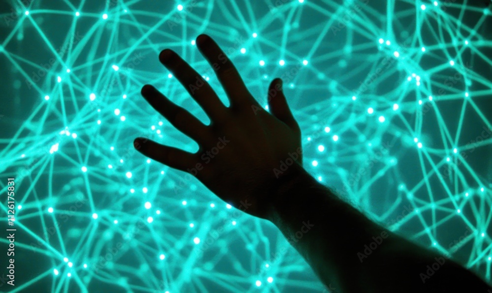 Poster a hand reaching out towards a network of interconnected lines and glowing nodes.