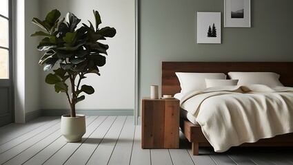 Minimalist bedroom interior with wooden bed, plant, and artwork.