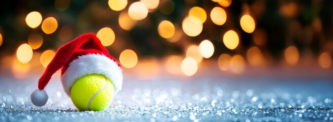 Tennis ball with a Christmas hat on a white background, a minimalistic concept for a New Year and Christmas sports advertising copy space banner mockup stock photo. Includes space for text