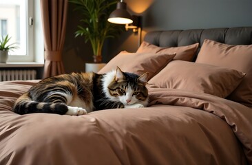A large double bed is covered with Mocha Mousse-colored bed linen. A cat sleeps on the bed. Light brown modern bedroom interior. Design solutions with color of the year 2025 Pantone Mocha Mousse