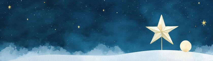 Obraz premium A serene night sky featuring a shining star and a soft moon, set against a deep blue backdrop with wisps of clouds.