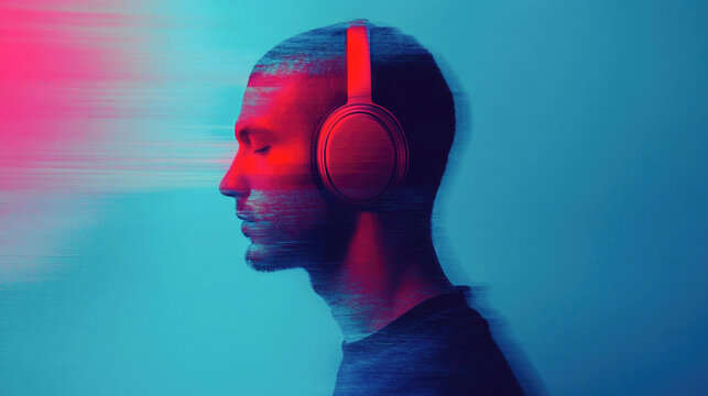A person wearing headphones immersed in vibrant, abstract red and blue hues, creating an energetic ambiance.