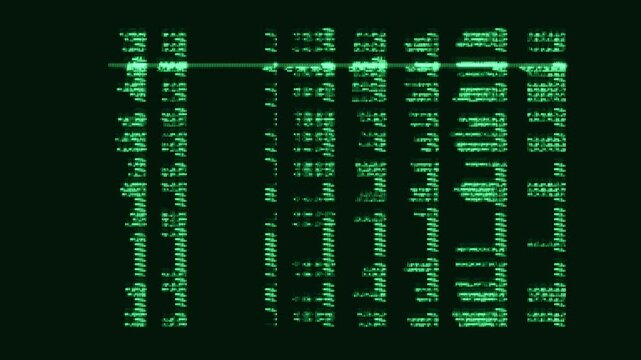 Lines of computer code scrolling on an old green phosphorous monitor, cobol, pascal, visual basic