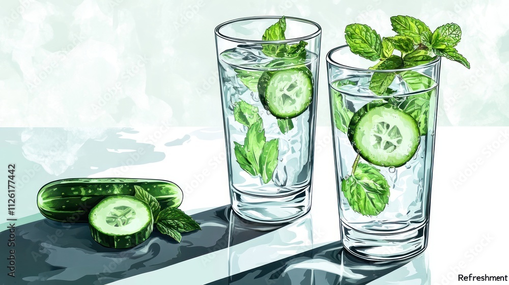 Poster two glasses of refreshing cucumber and mint water with sliced cucumber beside them.