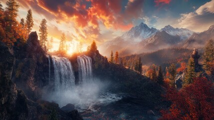 Obraz premium Majestic Autumn Waterfall at Sunset