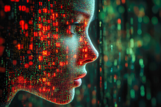 A complex visage emerges through green digital code, depicting the enigmatic relationship between data and identity.