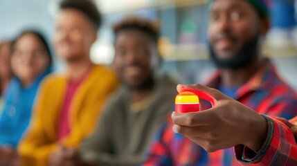 Close-up of a person's hand tapping a buzzer during a trivia challenge, with blurred group of players in the background. Games, competitions, teamwork, education, entertainment,Trivia Day