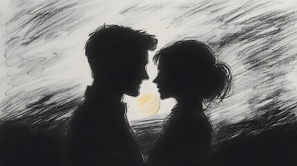 Silhouette of a romantic couple facing each other at sunset, drawn in charcoal.