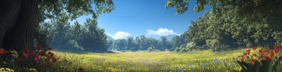 A serene landscape featuring a vibrant field of flowers under a clear blue sky.