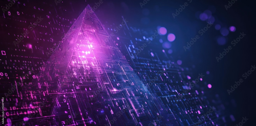 Poster a digital pyramid illuminated with vibrant colors, representing technology and data visualization.