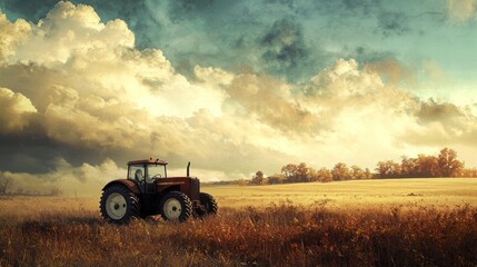 Obraz premium Tractor in a scenic field under dramatic skies