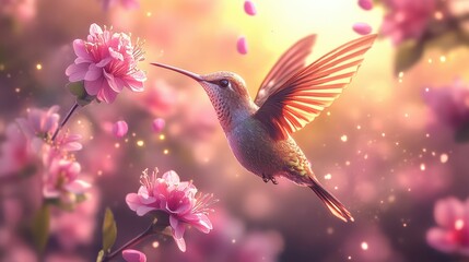 Fototapeta premium Hummingbird hovering over pink blossoms in a vibrant garden setting during spring