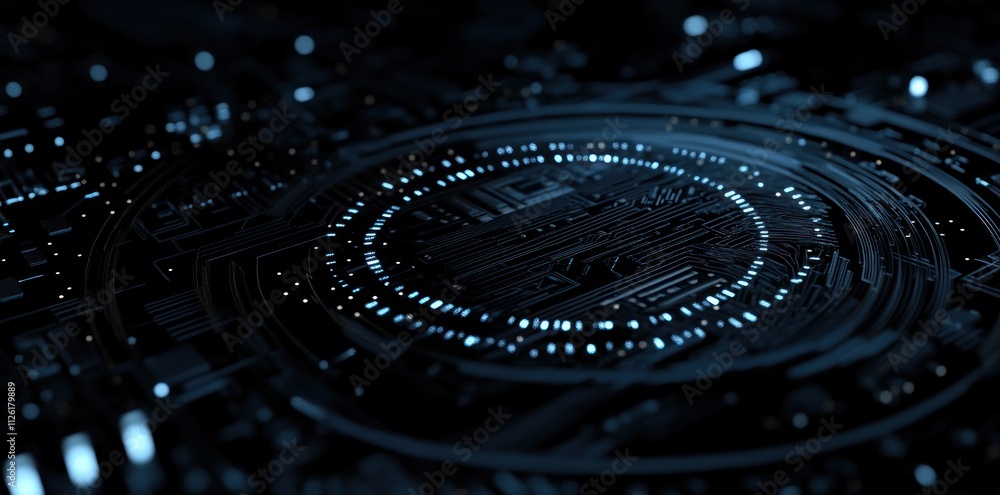 Aufkleber abstract digital circuit design with glowing elements on a dark background.