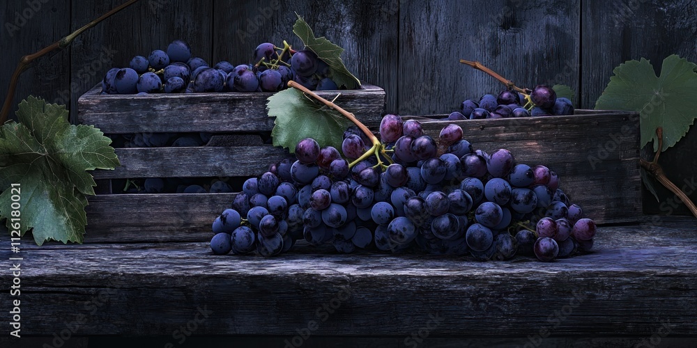 Poster a rustic display of dark grapes in wooden crates against a textured background.