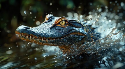Obraz premium Spectacular Caiman Emerging from Water: A Close-Up of a Juvenile Caiman's Head Breaking the Surface with Water Droplets.