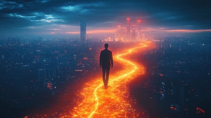 Fototapeta premium A solitary figure walks along a glowing lava path amidst a futuristic cityscape under a dramatic sky.
