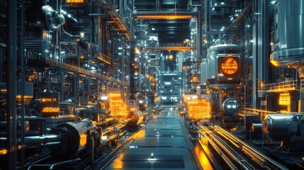 Fototapeta premium A futuristic industrial corridor filled with glowing machinery and intricate piping, showcasing advanced technology and an illuminated atmosphere.