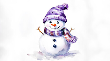 Snowman with a purple hat and scarf is standing on a snowy surface
