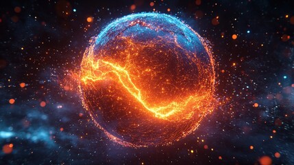 Obraz premium A glowing, spherical object surrounded by vibrant colors, illustrating a blend of energy and cosmic elements in a dark space environment.