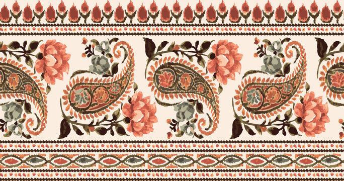 Striped seamless pattern with paisley. Floral wallpaper. Decorative ornament for fabric, textile, wrapping paper. Traditional oriental seamless paisley pattern.