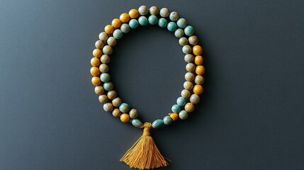 A photograph of the Seneca message beads, with turquoise and yellow wood beads on one side and an orange tassel hanging from them