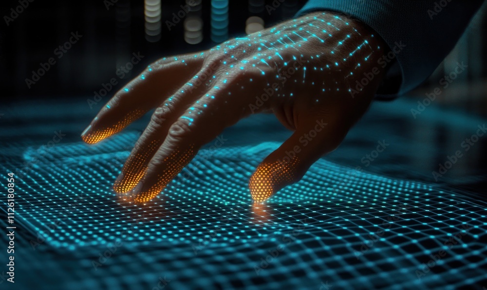 Aufkleber a hand interacts with a digital grid, illustrating technology and data visualization.