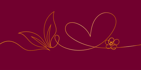 One Line Continuous of a Simple Heart with A Flower and Leaves in Gold Colors. Abstract love background. Perfect for Elegant presentations, invitations, greeting cards, banner, web