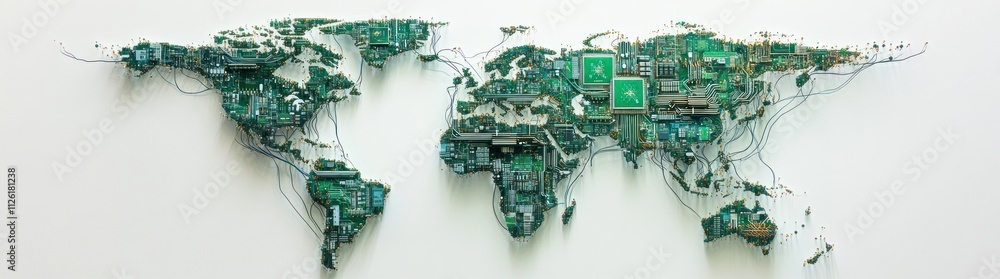 Poster a map of the world created from circuit boards, symbolizing technology and connectivity.