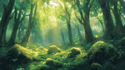 Enchanted Forest: Sunbeams Dance Through Lush Greenery