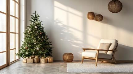 Obraz premium A chic Christmas-themed living room featuring a design armchair, wooden lanterns, and a fully decorated Christmas tree, placed on a minimalist white background