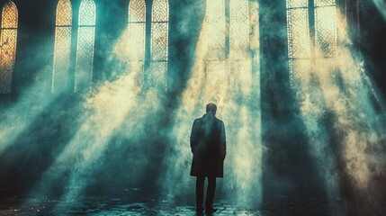 Obraz premium Mysterious figure stands in illuminated room with dramatic lighting and fog