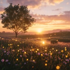 Serene Sunset Over a Meadow