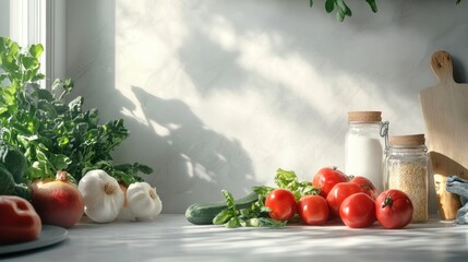 A bright kitchen countertop with fresh vegetables and herbs, ready for meal preparation.