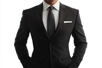 A man in a black suit and white shirt is wearing a black tie