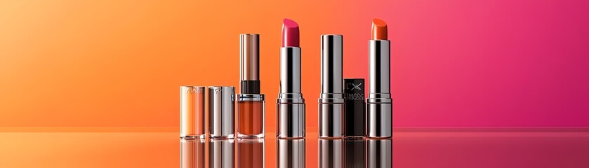 Obraz premium A collection of creamy lipsticks arranged in gradient shades on a reflective surface